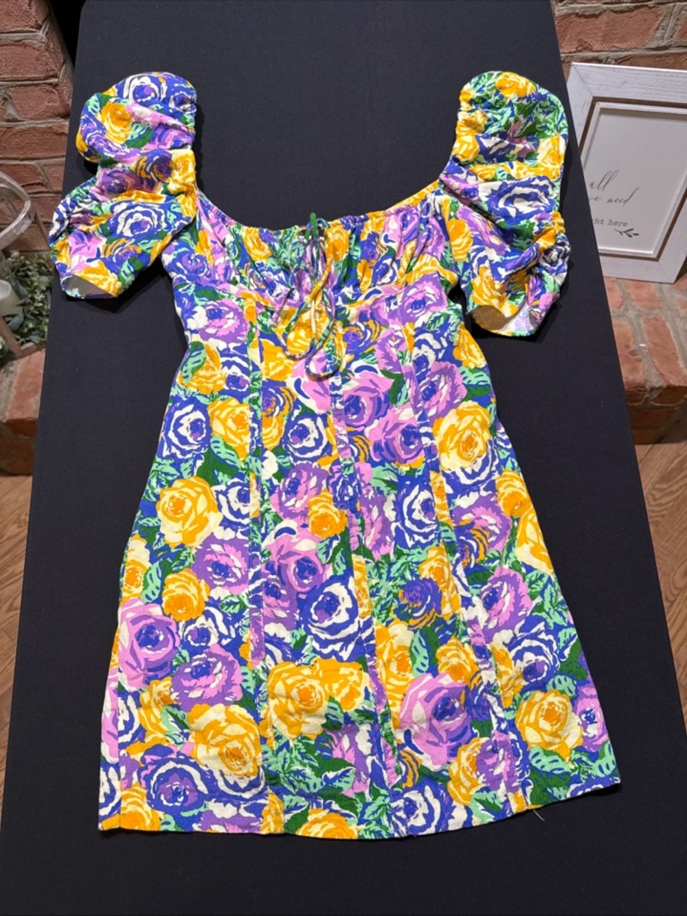 Zara Floral Puff-Sleeve Dress in Yellow, Purple & Green